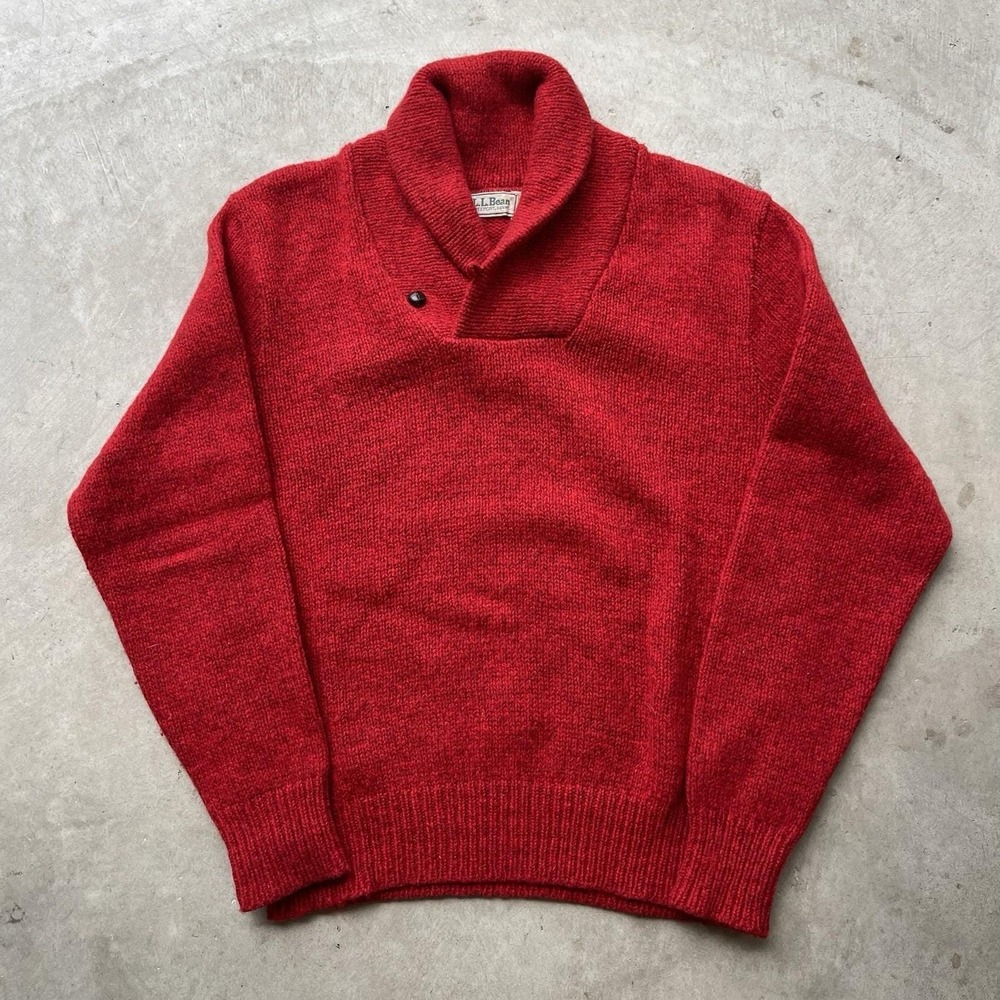 Vintage 90s L.L. Bean Red Wool Fisherman Knit Sweater Coastal Shawl Neck Size M